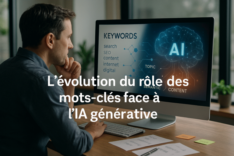 Illustration ultra réaliste : un professionnel assis à un bureau moderne analyse l’évolution des mots-clés sur un grand écran. Le moniteur affiche “KEYWORDS” avec une transition vers des notions comme “TOPIC”, “SEMANTIC”, “CONTENT” reliées à un cerveau lumineux “AI”, représentant le passage du SEO classique à une approche sémantique et générative avec l’IA. Titre incrusté : “L’évolution du rôle des mots-clés face à l’IA générative”.
