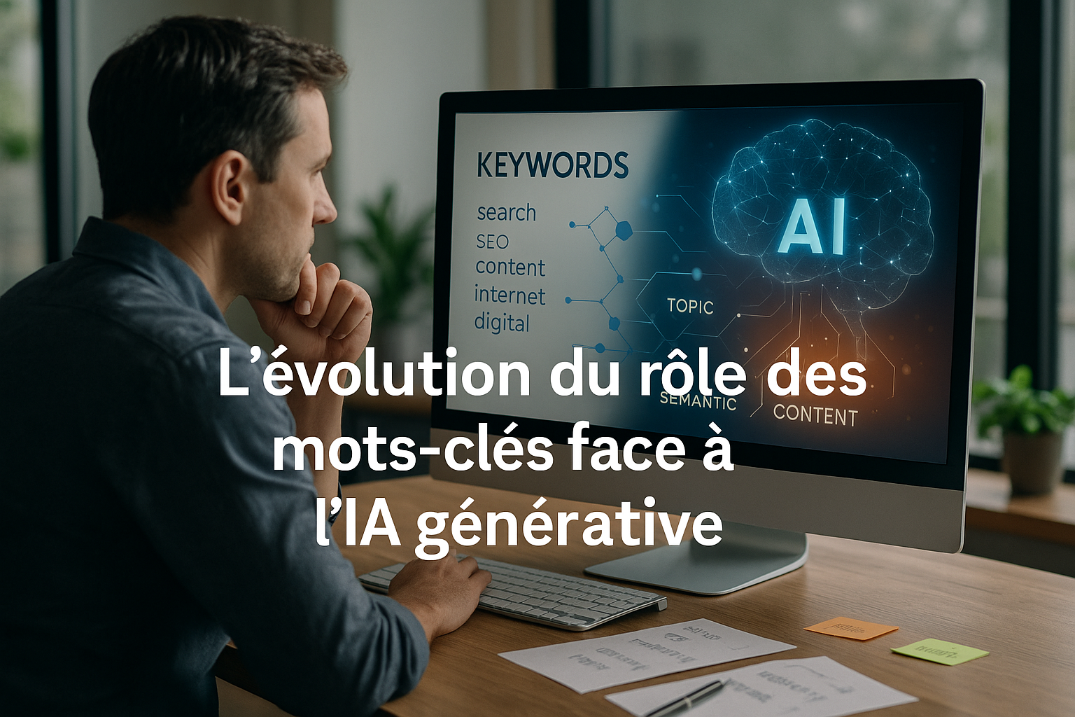 Illustration ultra réaliste : un professionnel assis à un bureau moderne analyse l’évolution des mots-clés sur un grand écran. Le moniteur affiche “KEYWORDS” avec une transition vers des notions comme “TOPIC”, “SEMANTIC”, “CONTENT” reliées à un cerveau lumineux “AI”, représentant le passage du SEO classique à une approche sémantique et générative avec l’IA. Titre incrusté : “L’évolution du rôle des mots-clés face à l’IA générative”.