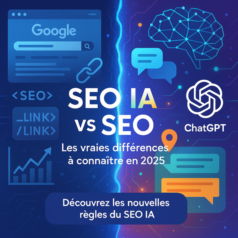 Illustration comparative entre le SEO classique (avec Google, backlinks, code HTML, graphiques) et le SEO IA (avec cerveau connecté, icône ChatGPT, bulles de discussion, géolocalisation), séparés par une fracture lumineuse. Texte central : “SEO IA vs SEO – Les vraies différences à connaître en 2025”. Bouton : “Découvrez les nouvelles règles du SEO IA”