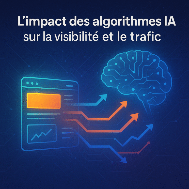 Illustration digitale sur fond bleu futuriste, montrant une interface de site web à gauche, un cerveau stylisé en réseau neuronal à droite, reliés par des flèches colorées symbolisant le flux de trafic et de visibilité générés par les algorithmes IA. Titre : “L’impact des algorithmes IA sur la visibilité et le trafic