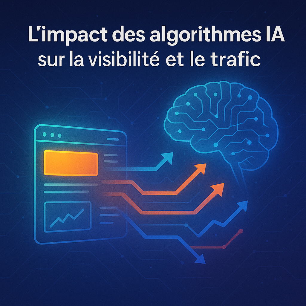 Illustration digitale sur fond bleu futuriste, montrant une interface de site web à gauche, un cerveau stylisé en réseau neuronal à droite, reliés par des flèches colorées symbolisant le flux de trafic et de visibilité générés par les algorithmes IA. Titre : “L’impact des algorithmes IA sur la visibilité et le trafic