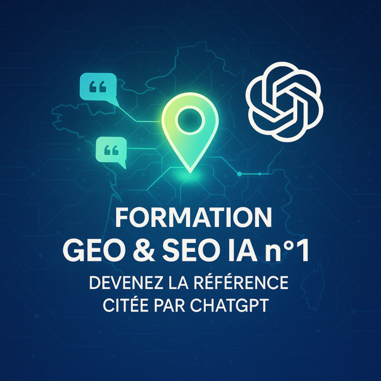 Affiche digitale de formation “GEO & SEO IA n°1 – Devenez la référence citée par ChatGPT”, sur fond bleu futuriste avec carte de France stylisée, icône de géolocalisation lumineuse au centre, bulles de citation et logo ChatGPT, ambiance professionnelle et moderne.