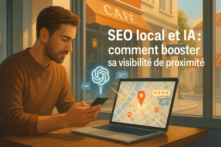 Illustration réaliste en format paysage d’un entrepreneur assis dans un café français, consultant son téléphone, un ordinateur portable devant lui affiche une carte avec des épingles locales et une icône IA lumineuse. La fenêtre donne sur une rue “Rue de Lyon”, ambiance professionnelle, pour illustrer le SEO local et l’IA.