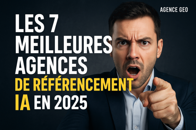 Miniature provocatrice d’un homme en costume pointant du doigt avec le texte : « Les 7 meilleures agences de référencement IA en 2025 » et logo Agence GEO en haut à droite.